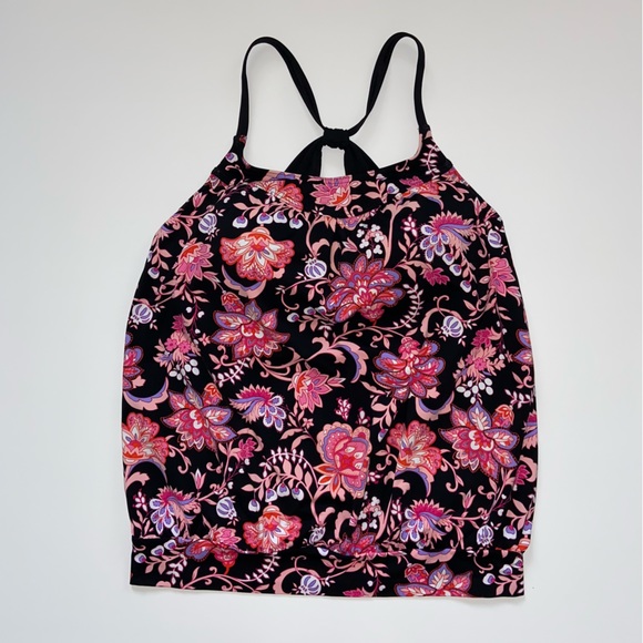 Lands’ End Paisley Tankini Swim Top Pink Black Blousen Size 6 Banded Waist - Picture 1 of 6